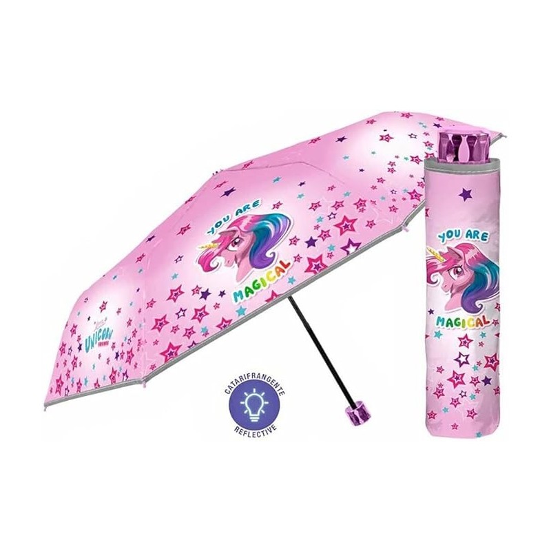 Ombrello Pieghevole Bambina Unicorno Disney Antivento con Struttura Rinforzata Ombrello Portatile per Borsa, Zaino o Viaggio