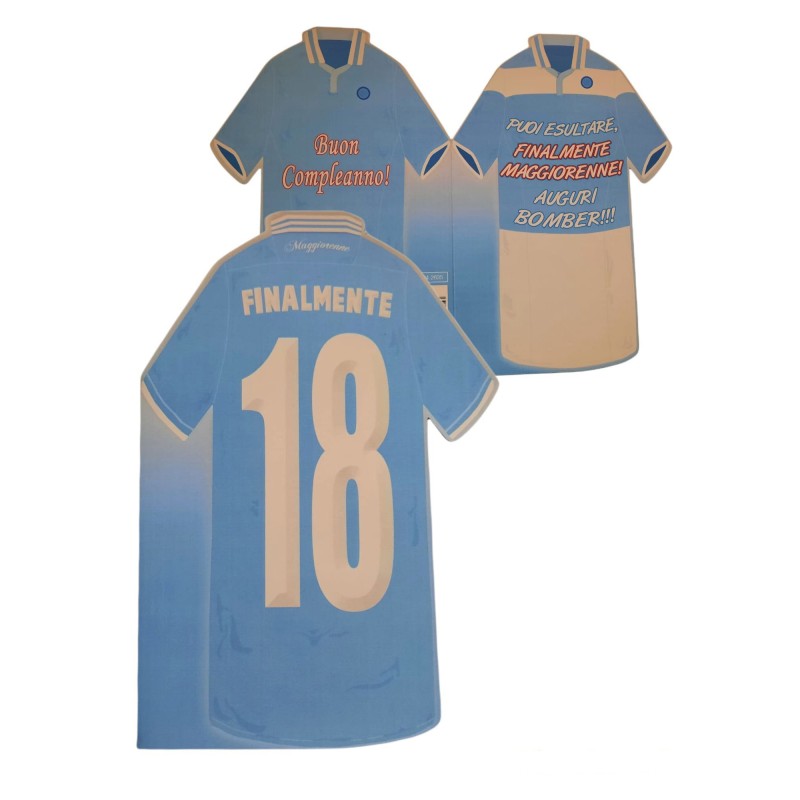 Biglietto Auguri 18 Anni Sagomato Maglia Calcio – Design Bianco Azzurro per Appassionati