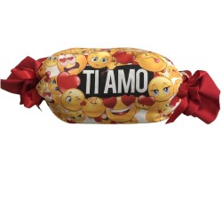 Cuscino a Forma di Caramella “Ti Amo” con Faccine Sorridenti e Cuoricini Idea Regalo 35cm San Valentino, Anniversario e Amore