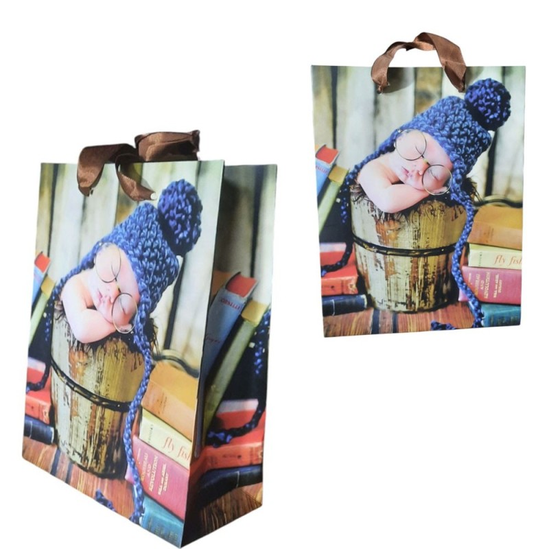 Shopper di Carta con Manico, Design "Bimbo che Dorme" - Sacchetto Regalo 23x8.5x18 cm, Ideale per Compleanni e Nascite
