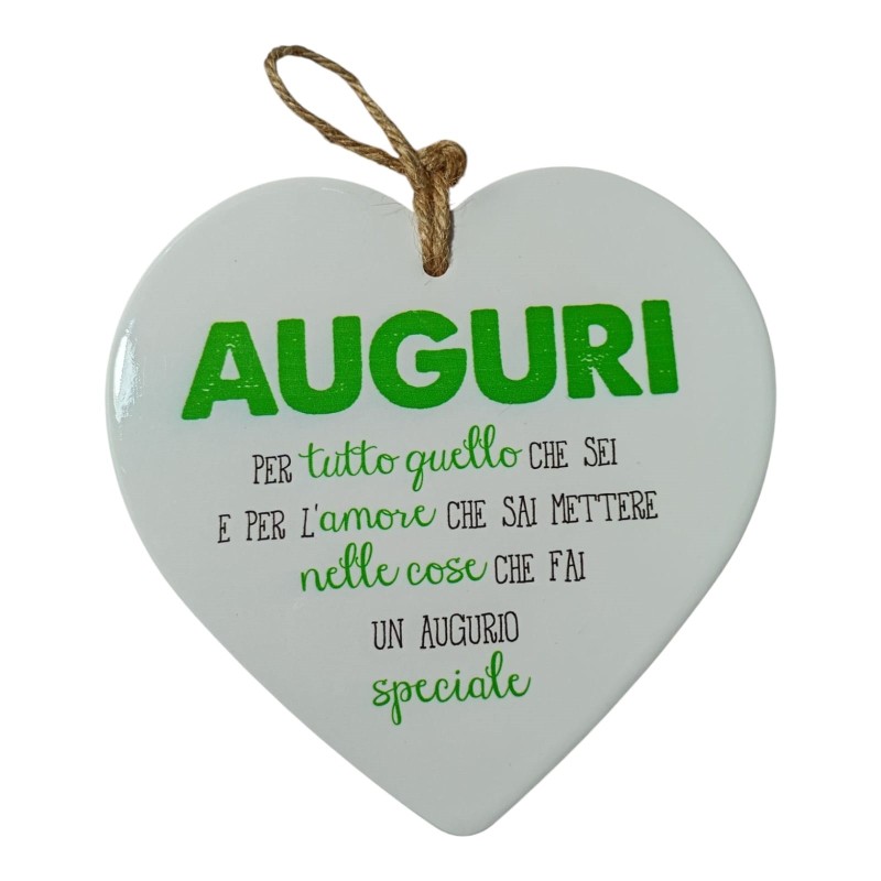 Cuore in Ceramica Bianca con Frase di Auguri – Decorazione da Appendere 15x14 cm – Regalo Speciale