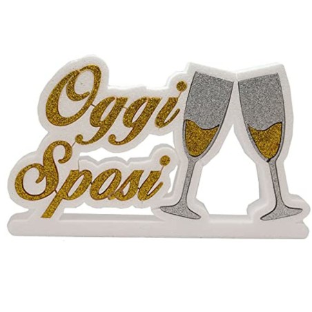 Scritta “Oggi Sposi” in Polistirolo con Calici Glitter – Centro Tavola Matrimonio 35x20x5 cm