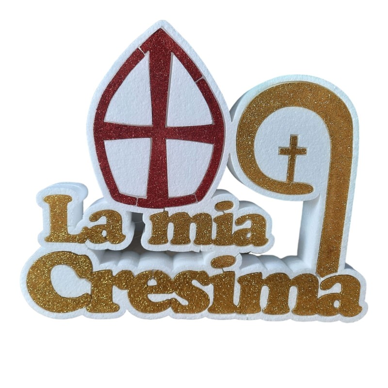 Scritta “La Mia Cresima” in Polistirolo con Colomba Rosa Decorazione Elegante Mitra e Pastorale Centrotavola 42x25 cm