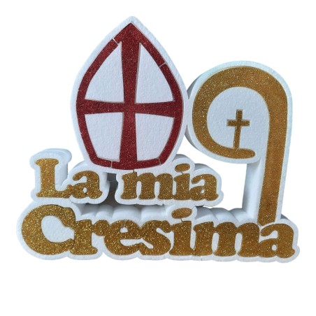 Scritta “La Mia Cresima” in Polistirolo con Colomba Rosa Decorazione Elegante Mitra e Pastorale Centrotavola 42x25 cm