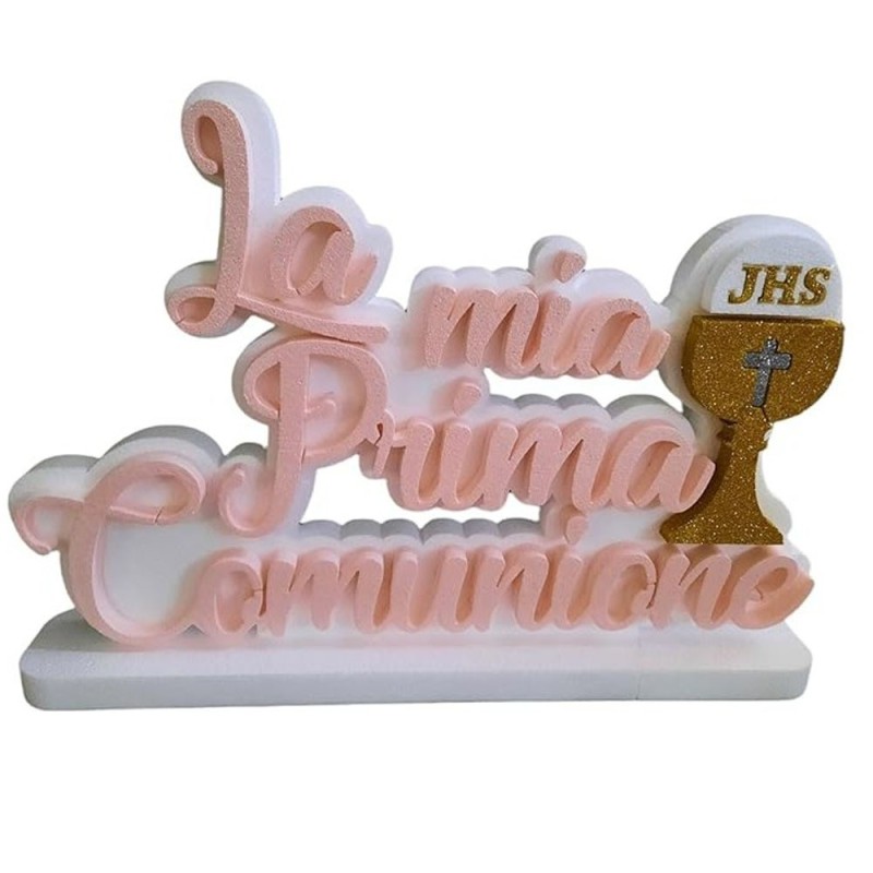 La Mia Prima Comunione” con Calice 50x28x5 cm – Decorazione Rosa con Base d’Appoggio, Centrotavola per Festa e Cerimonia