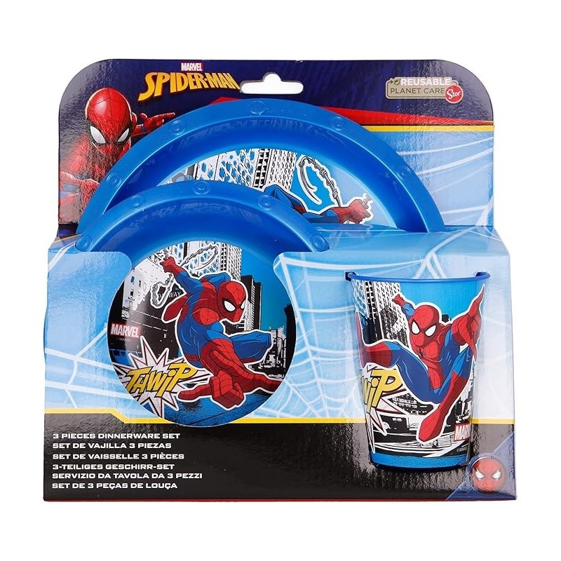 "Set Pappa 3 Pezzi Spiderman Marvel: Piatto Piano, Piatto Fondo e Bicchiere in Plastica – Ideale per Bambini"