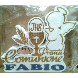 "Scritta Prima Comunione Angelo con Pane e Spiga Personalizzata - Colore Oro"