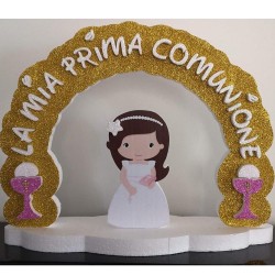 Sagoma Personalizzata Prima Comunione con Arco e Angioletto Oro – 60x45 cm con Base Decorazione Elegante per Eventi Speciali