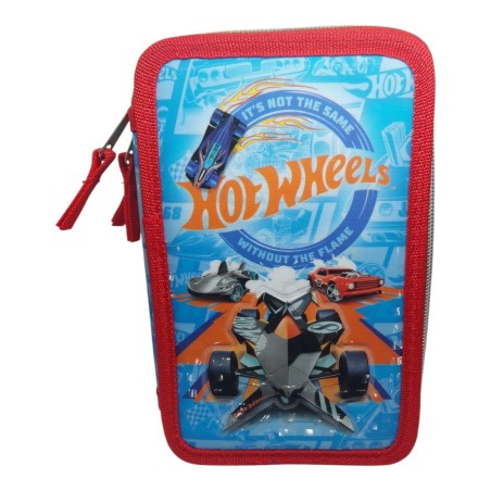 Astuccio Triplo Hot Wheels con 44 Pezzi – 3 Zip – Completo con Pennarelli Giotto e Pastelli Colorati – Set Scuola Bambini