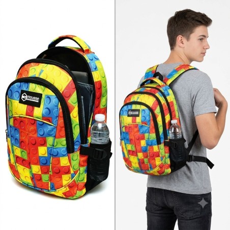 Zaino Scuola Americano "Mattoncini" – 3 Scomparti, Resistente e Ergonomico (31x42x20 cm)