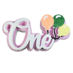 Scritta “ONE” Rosa con Palloncini – Centro Tavola in Polistirolo – Decorazione Primo Compleanno Bambina (40×22 cm)