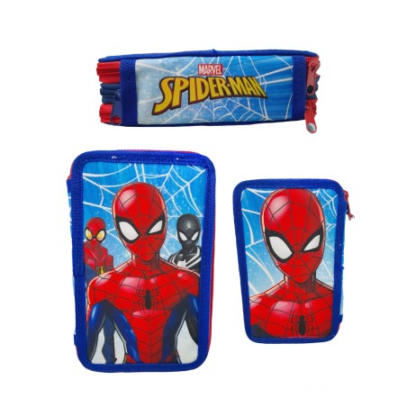 Astuccio Scuola 3 Zip Marvel Spiderman Uomo Ragno | Completo con Pennarelli Giotto, Matite, Penne e Accessori