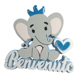 Elefantino Benvenuto Celeste 3D in Polistirolo 40 cm – Centro Tavola Glitterato per Nascita, Battesimo e Baby Shower Bimbo