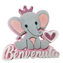 Elefantino con Scritta 3D “Benvenuto” Cuore Rosa Glitter – Decorazione in Polistirolo 40 cm per Nascita, Battesimo o Baby Shower