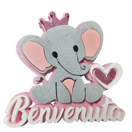 Elefantino con Scritta 3D “Benvenuto” Cuore Rosa Glitter – Decorazione in Polistirolo 40 cm per Nascita, Battesimo o Baby Shower