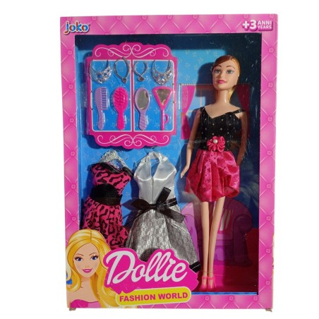 Bambola Dollie Fashion Stylist 30 cm – Bambola alla Moda con 3 Abiti in Paillettes Glitter e Accessori Fashion