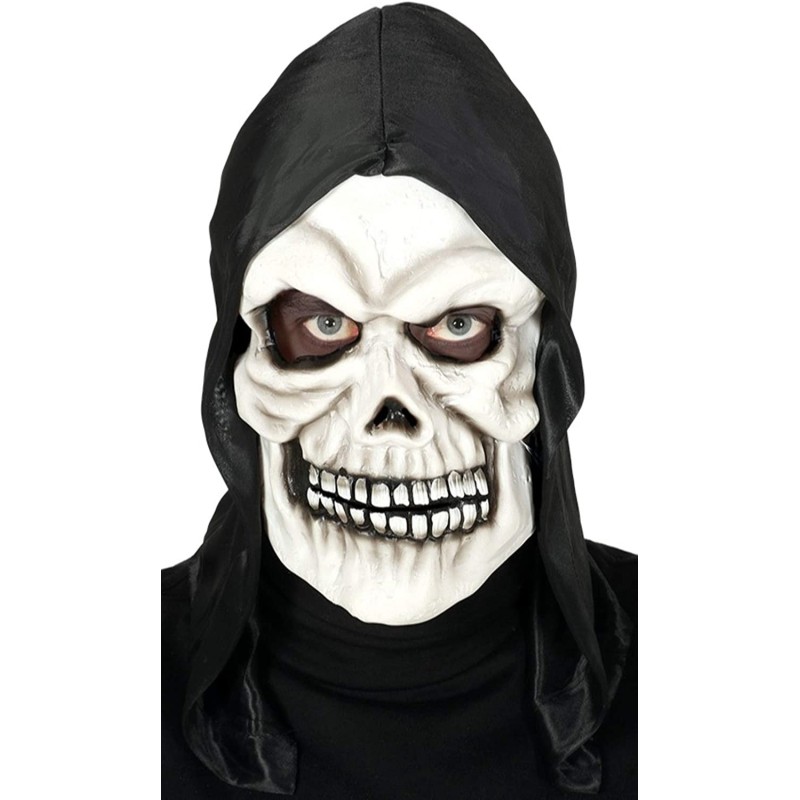 Maschera Teschio in PVC con Cappuccio Nero – Costume Adulto Halloween e Carnevale, Maschera Horror Realistica