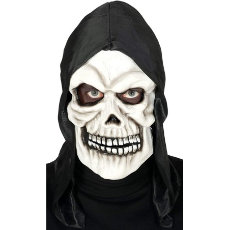 Maschera Teschio in PVC con Cappuccio Nero – Costume Adulto Halloween e Carnevale, Maschera Horror Realistica