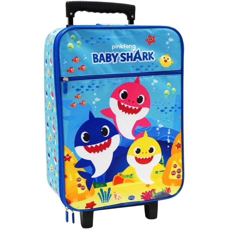Trolley Morbido Baby Shark per Bambini - Valigia da Viaggio 20 Litri con Manico Telescopico e Tasca Frontale