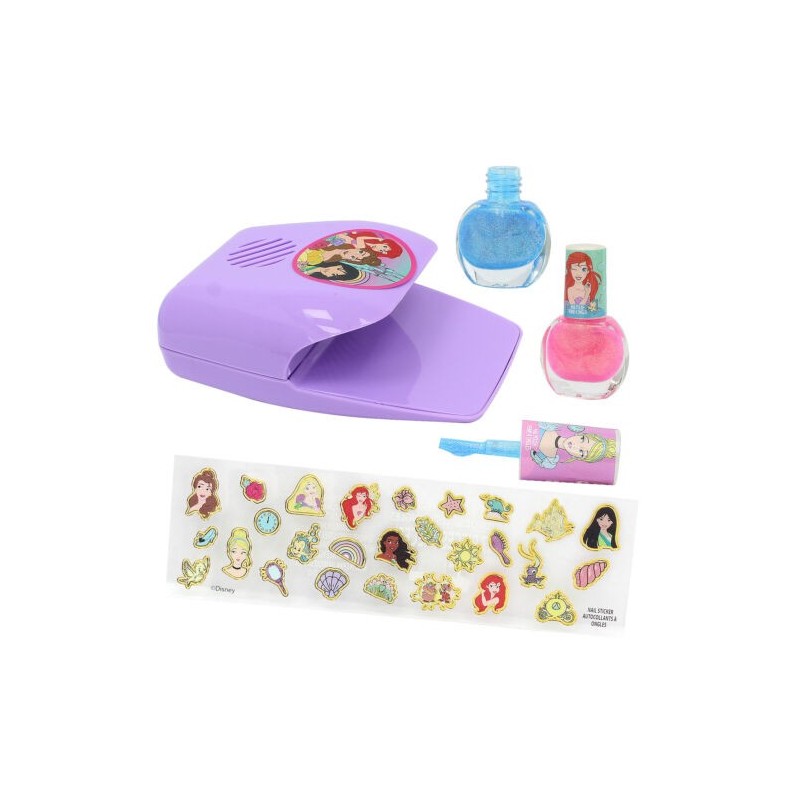 Set Smalti e Asciuga Unghie Disney Principesse – Kit 27 Pezzi con Adesivi per Unghie, 2 Smalti, Asciuga Unghie Giocattolo