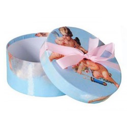 Scatola Regalo Rotonda con Angioletti 16x7 cm – Elegante Portagioie e Bomboniera con Fiocco Rosa per Battesimo e Comunione