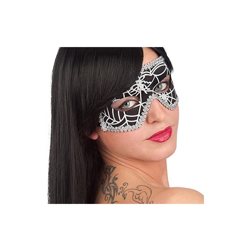 MASCHERA VENEZIA FARFALLA NERA CON RAGNATELA IN TESSUTO CON FASCE