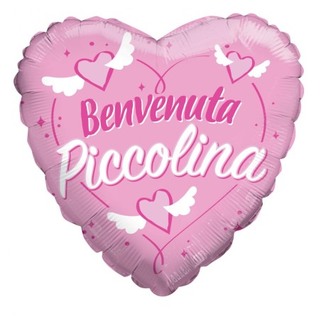 Palloncino Cuore Benvenuta Piccolina Rosa 45cm Nascita Baby Shower Decorazione Bimbi