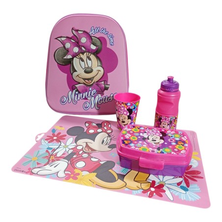 Set Asilo Minnie Disney 5 Pezzi - Zaino 3D, Borraccia, Portamerenda, Bicchiere e Tovaglietta
