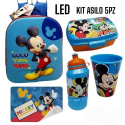 Set Scuola Asilo 5 Pezzi Mickey Mouse - Zaino 3D con LED, Borraccia, Porta Merenda, Bicchiere, Tovaglietta Topolino Disney