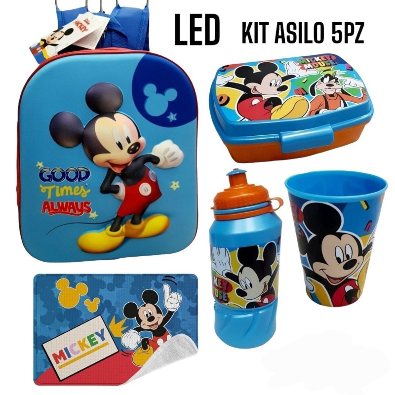 Set Scuola Asilo 5 Pezzi Mickey Mouse - Zaino 3D con LED, Borraccia, Porta Merenda, Bicchiere, Tovaglietta Topolino Disney
