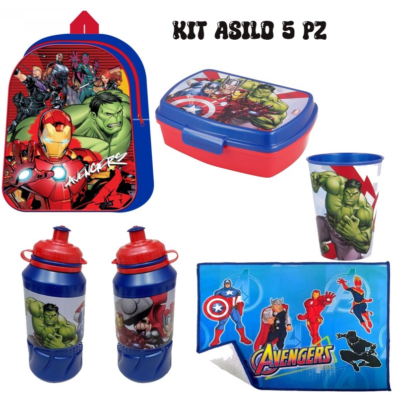 Set Scuola Asilo Avengers Marvel 5 Pezzi – Zaino 3D 30 cm + Borraccia + Bicchiere + Portamerenda + Tovaglietta