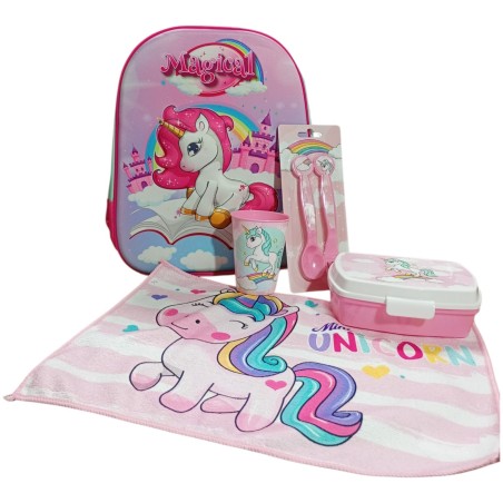 Set Scuola Asilo Unicorno Disney 6 Pezzi – Zaino 3D con LED + Kit Pappa Completo (Posate Incluse)