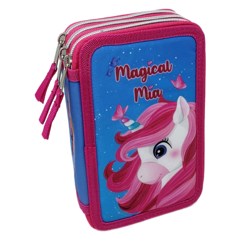 Astuccio Scuola Unicorno Disney 3 Zip Completo Portacolori con 18 Pennarelli Giotto Turbo Color Kit Scrittura e Disegno 43 Pezzi