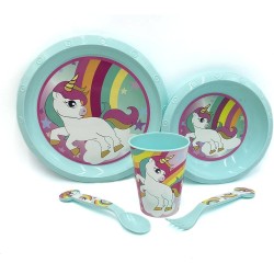 Set Pappa 5 Pezzi Unicorno Microonde - Piatto, Fondo, Piano, Bicchiere, Posate