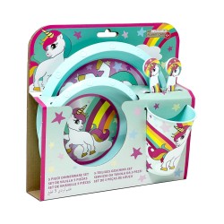 Set Pappa 5 Pezzi Unicorno Microonde - Piatto, Fondo, Piano, Bicchiere, Posate