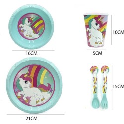 Set Pappa 5 Pezzi Unicorno Microonde - Piatto, Fondo, Piano, Bicchiere, Posate