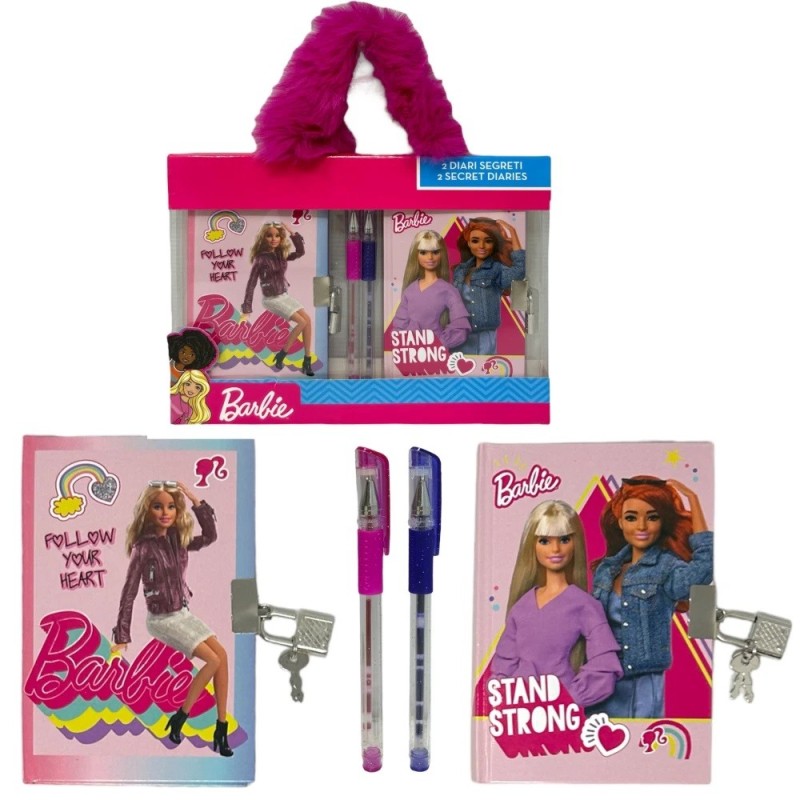 Set 2 Diari Segreti Barbie con Lucchetto e Penne Glitter – Valigetta Trasparente con Manico Peluche – Diario per Bambine