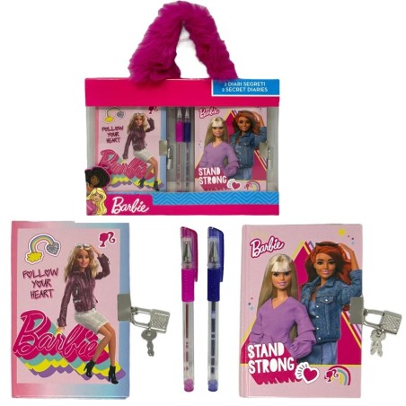 Set 2 Diari Segreti Barbie con Lucchetto e Penne Glitter – Valigetta Trasparente con Manico Peluche – Diario per Bambine