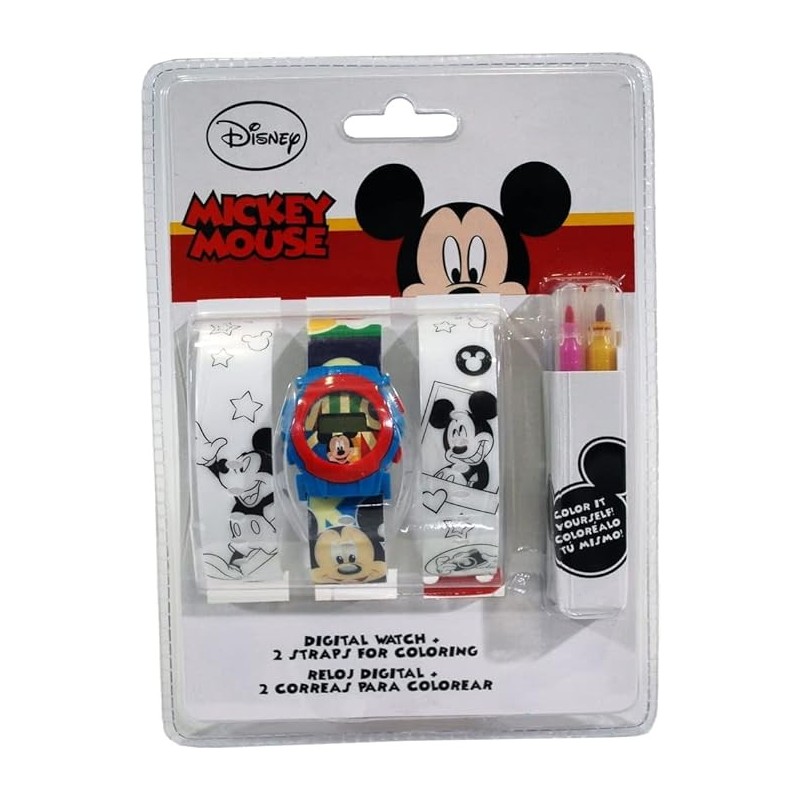 Orologio da Polso Digitale Disney Mickey 2 Cinturini da colorare, 4 pennarelli, Cinturino Intercambiabile, per Bambini