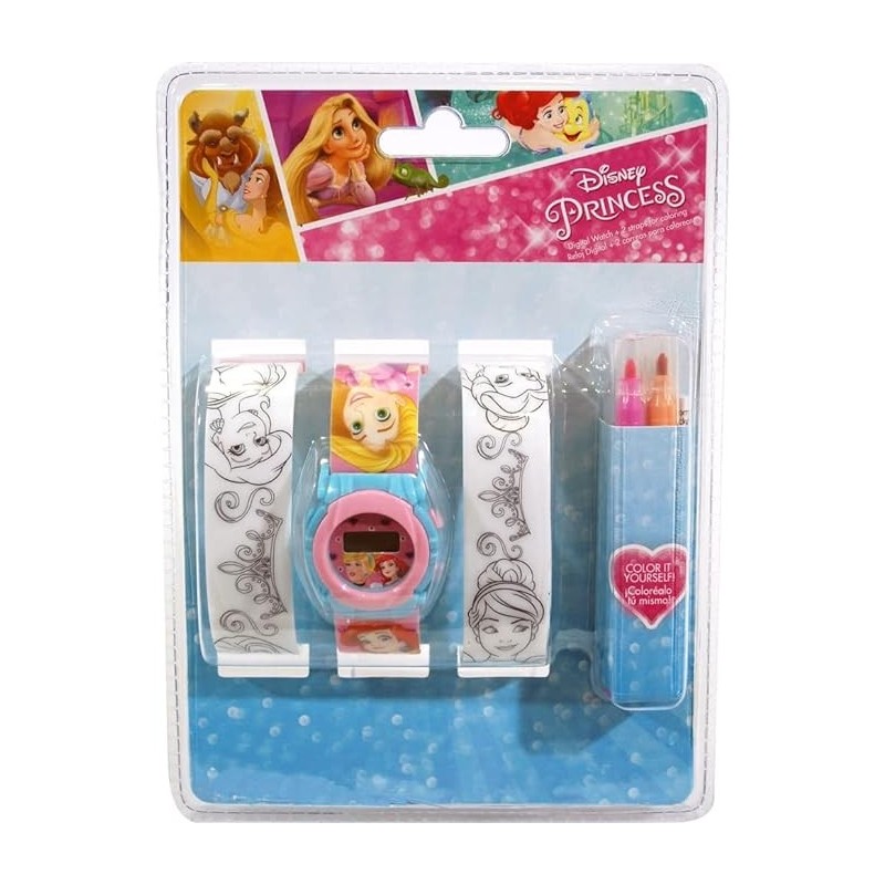 Orologio da Polso Digitale Disney Principesse 2 Cinturini da colorare, 4 pennarelli, Cinturino Intercambiabile, per Bambini