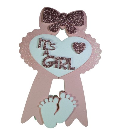 Centro Tavola Nascita Rosa 40x29x6 cm con Scritta “It’s a Girl”, Fiocco e Piedini – Decorazione Baby Shower e Festa Nascita
