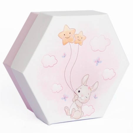 Scatola esagonale rosa Porta Confetti con 2 scomparti decoro Coniglietto Rosa cm 8x8x4 – 20 pz-