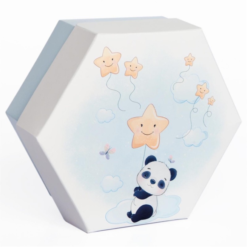 Scatola esagonale rosa Porta Confetti con 2 scomparti decoro Panda Celeste cm 8x8x4 – 20 pz-