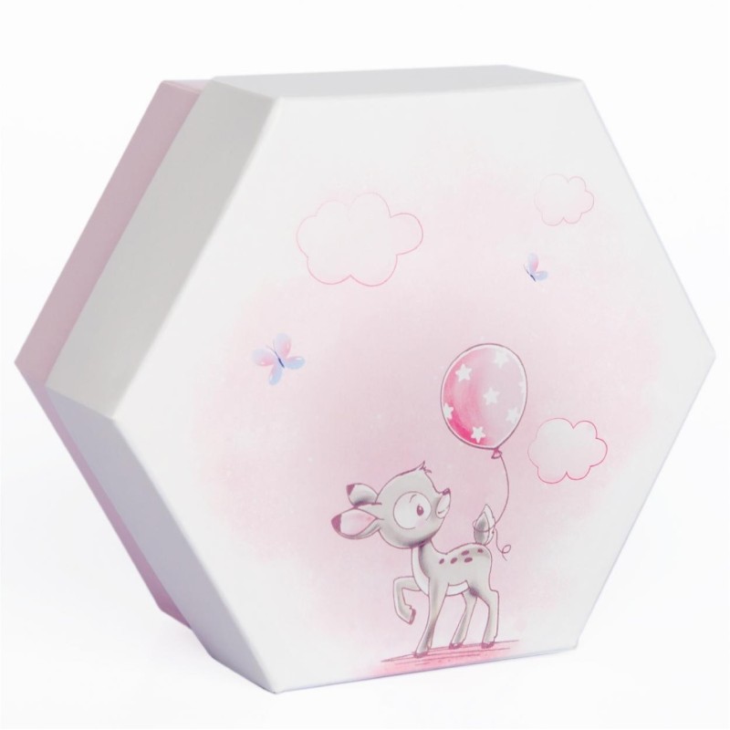 Scatola esagonale rosa Porta Confetti con 2 scomparti decoro Cerbiatto Rosa cm 8x8x4 – 20 pz-