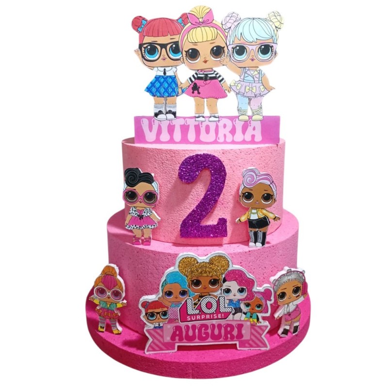 Torta personalizzata LOL Surprise con nome e età – Decorazione 3D in polistirolo glitter – Festa di compleanno bambina 40 cm