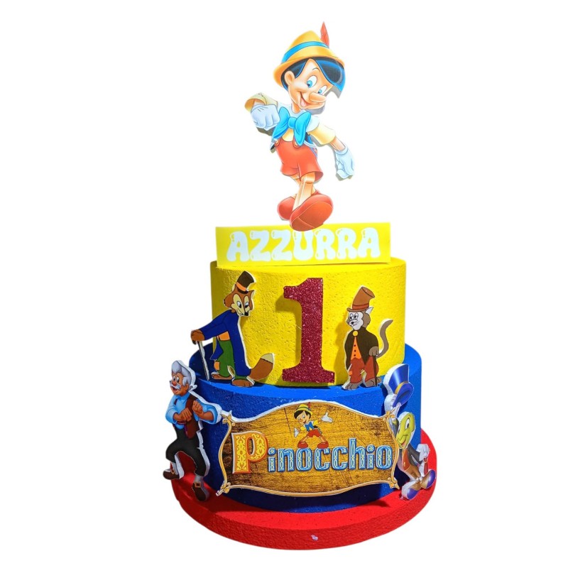 Torta Scenografica Pinocchio in Polistirolo 3D – Centro Tavola per Compleanno Bambini Personalizzabile con Nome e Numero