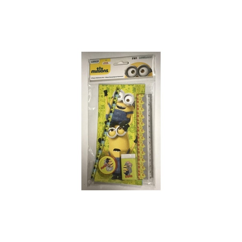 Gadget Compleanno Blister Scuola 5 pezzi Minions Matita Notes Gomma Righello Temperino