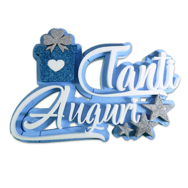 Scritta in 3D in Polistirolo Tanti Auguri Azzurro con Pacchetto Regalo e stelle Decorazione Festa Party
