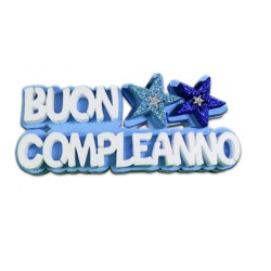 Scritta in Polistirolo "Buon Compleanno" Celeste Glitter con Fiori - Centrotavolo Decorazione Festa
