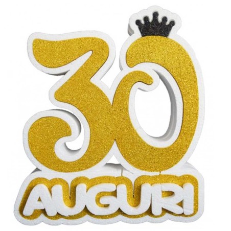 Numero 30 in polistirolo con scritta "Auguri" e coroncina Decorazione centrotavola compleanno 30 anni – 33x33x6 cm